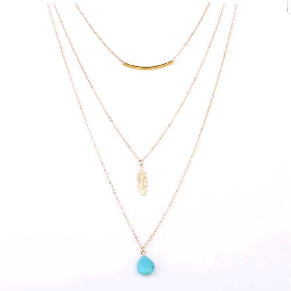 Layered Turquoise Stone Feather Necklace Gold Tone - Picture 2 of 3